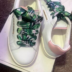 Women's White and Pink Sneakers with Leaf Print Laces